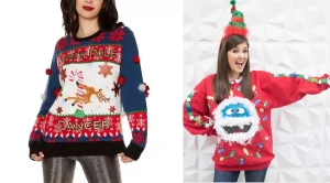 Women wearing funny and colorful Christmas sweaters