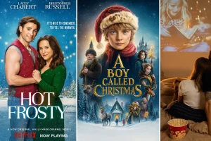 Festive Christmas films and cozy viewing setup