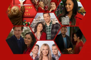 Holiday scenes in red hexagon layout