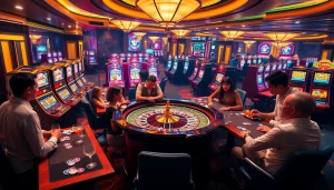 Eye-catching LV88 casino scene showcasing players at roulette and slot machines.