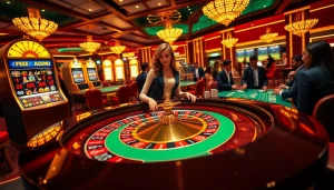 Exciting casino scene at https://okfun.uk.net/ with roulette, slots, and players engaged in gambling.