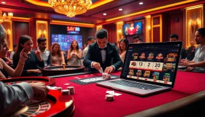 SAY88 nhà cái showcasing a lively casino scene with players at a gaming table and vibrant chips.