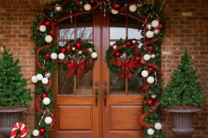 Christmas door decorations with wreaths, garland, and festive accents