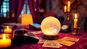 電話占い 当たるを際立たせる、神秘的な小道具と温かい雰囲気を備えた魅力的な電話占いの場面。