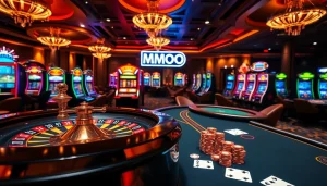 Experience the thrill of MMOO in a luxurious casino with exciting games and vibrant decor.
