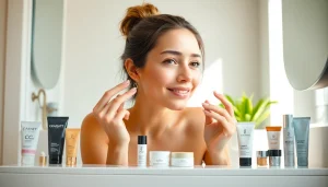 Woman applying the best CC cream for oily skin in a modern bathroom ambience.