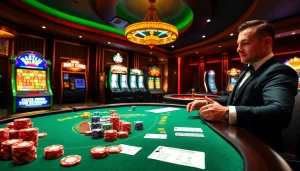 Experience high-stakes poker action at https://f8bet.ventures/ with vibrant chips and an elegant dealer.