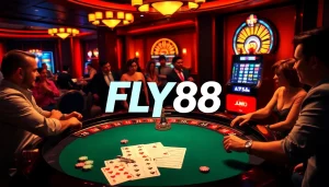 FLY88 players engaging in an exciting game of blackjack at a luxurious casino table.