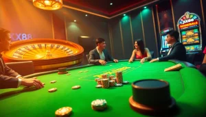 Engage in high-stakes poker at an opulent casino table with xx88-themed chips.