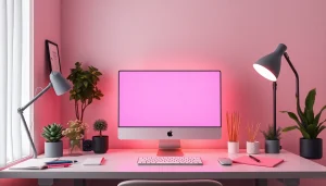 Bright pink screen in a creative workspace, enhancing comfort and inspiration.