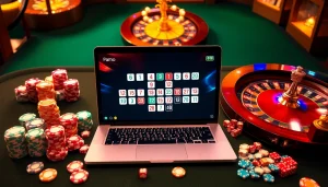 Engage in רמיקוב אונליין gameplay with vibrant tiles and a professional casino setting, emphasizing excitement.