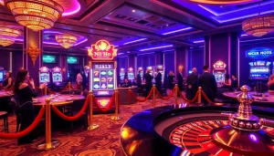Nổ hũ slot machines attract players in a luxurious casino environment filled with excitement.