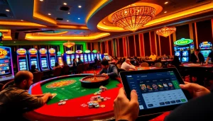 GO8 players engaging in high-stakes poker and vibrant slot machines in a luxurious casino.