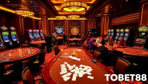 Tobet88's thrilling casino scene showcasing poker tables, warm lighting, and high-stakes action.