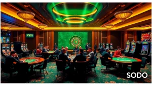 SODO Casino players enjoying thrilling poker and roulette games in an upscale environment.
