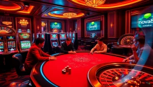Intense poker game at nova88 casino with luxurious atmosphere and vibrant slot machines.