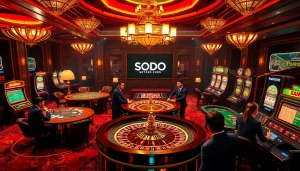 SODO branded casino scene showcasing roulette, poker tables, and vibrant gambling excitement.