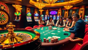 Experience the excitement of k9k9 casino with players at a vibrant blackjack table surrounded by roulette wheels.