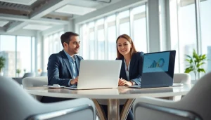 商务专业人士在现代办公室使用 WPS 软件进行协作。