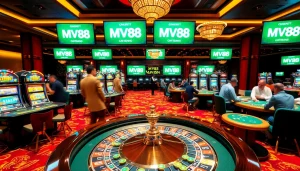 Gambling scene showcasing MV88 integration in a luxurious casino with slot machines and vibrant atmosphere.