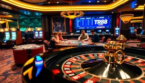 Players enjoying high-stakes gambling at a luxury casino featuring TR88 tables and vibrant roulette.