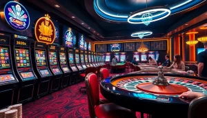 Slot deposit 1000 highlighted in a thrilling online casino scene with vibrant slot machines and gamblers.