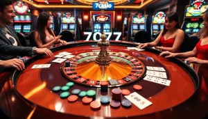Experience the excitement of 7C77 casino gaming with vibrant roulette and card tables.