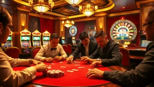 Engaging poker players strategizing at a vibrant casino, capturing the spirit of lương sơn tv’s online sports focus.