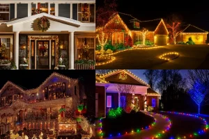 Houses decorated with bright outdoor Christmas lights