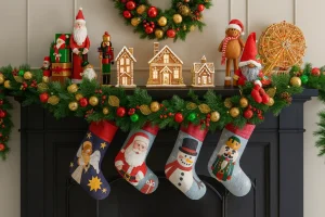 Festive mantel christmas decorations with stocking