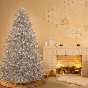 silver christmas tree with lights 