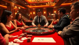 Engaging in แทงบอล at a luxurious casino table surrounded by excitement and professional atmosphere.