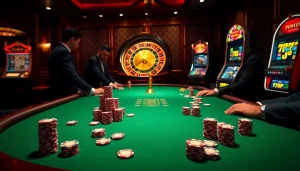 Experience excitement at a luxurious poker table scene featuring 789P with chips, roulette, and slot machines.