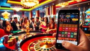 A lively casino scene featuring players engaging in games while showcasing the J88 gaming app on a smartphone.