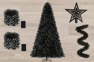 black christmas tree with black ornaments 