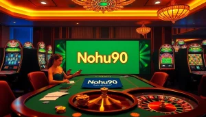 Players engaging at a luxurious casino table with Nohu90 branding, highlighting the excitement of gambling.