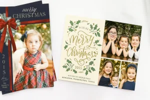 Family Christmas photo cards on white background