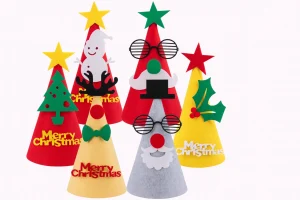 Colorful Christmas cone hats with festive designs