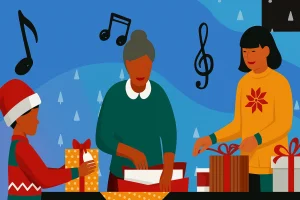Family wrapping gifts with Christmas music theme
