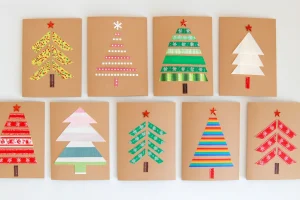 Christmas tree cards arranged in rows