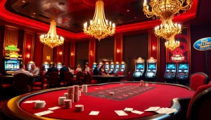 Players immersed in a high-stakes poker game at THABET, showcasing vibrant casino action.