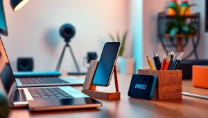 MMOO stylish accessories for tech gadgets in a modern workspace