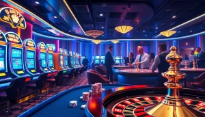 Players enjoying a thrilling casino experience at mk8th.net with vibrant slot machines and poker tables.