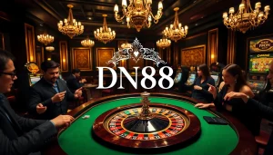 Experience the thrill of DN88 with players gathered around a glamorous roulette table in a luxe casino.