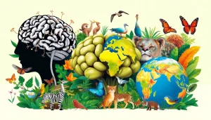 Fatos curiosos e surpreendentes ilustrados através de uma vibrante colagem de elementos da natureza e da ciência.