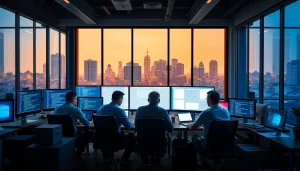 Software engineering professionals collaborating in a modern workspace with tech gadgets.