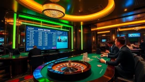 Experience the excitement of Sbobet betting with vibrant casino visuals and gamblers in action.