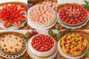 Christmas cake and fruit tarts in festive displays
