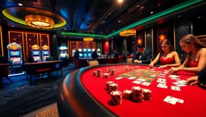 Engage in a thrilling poker game at KJC's luxurious casino, featuring vibrant chips and focused players.