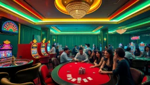 i5bet players enjoying an exciting casino atmosphere with roulette, poker, and slot machines.